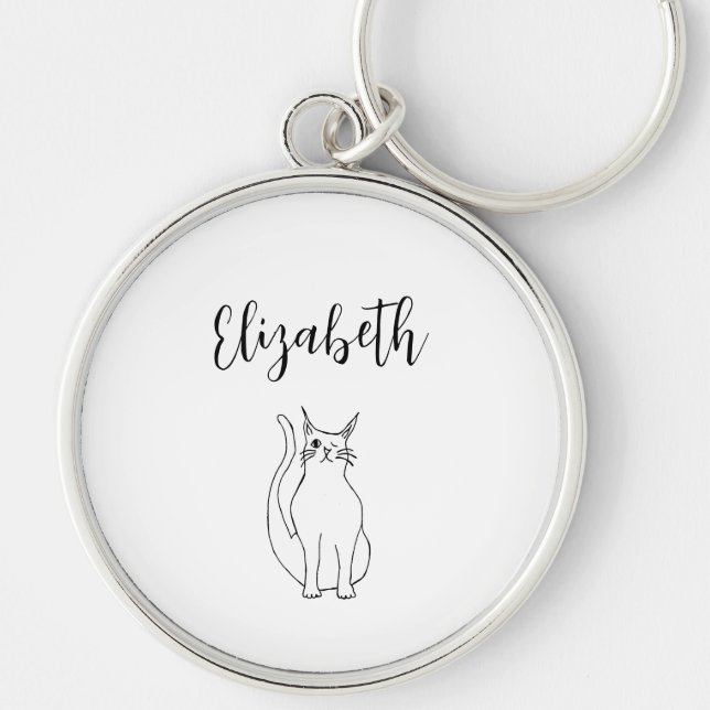Cute Cat Cartoon Winking Kitty Black Script Key Ring (Front)