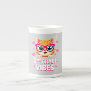Cute Cat Cartoon with Glasses - 2nd Grade Vibes Bone China Mug