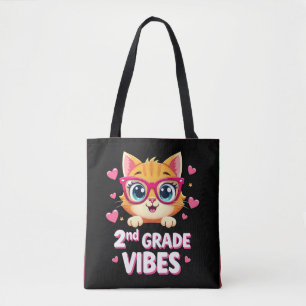 Cute Cat Cartoon with Glasses - 2nd Grade Vibes Tote Bag