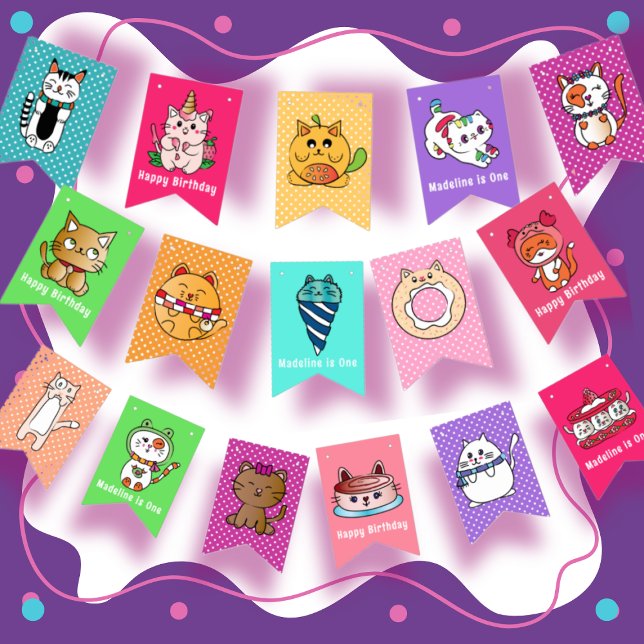 Cute Cat Cartoons Colourful For Kids Birthday Bunting (Creator Uploaded)