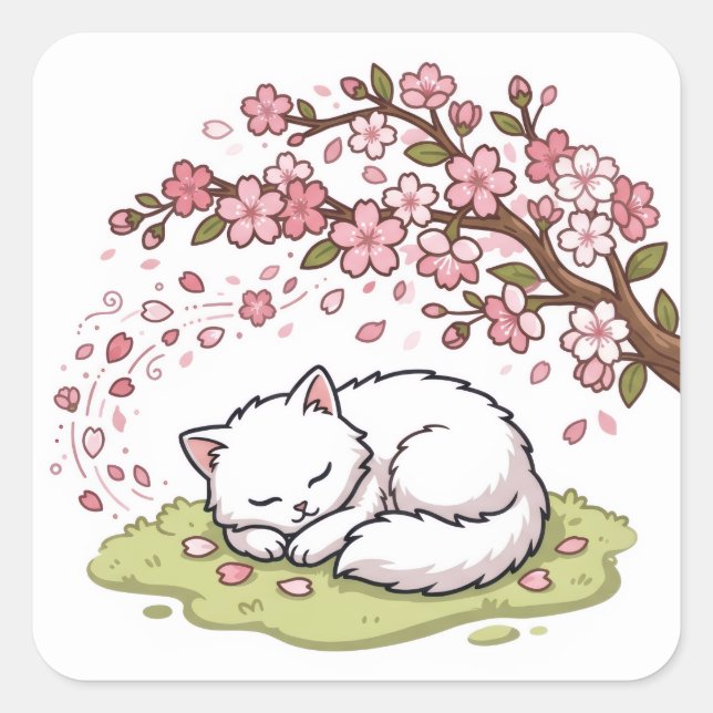 Cute Cat Catching Cherry Blossom Petals Square Sticker (Front)