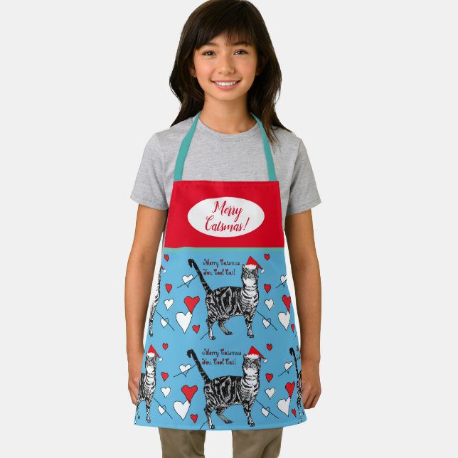 Cute Cat Cats Merry Christmas Blue Red Boys Apron (Insitu)