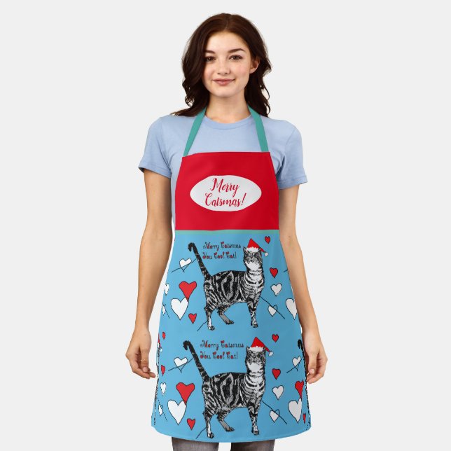 Cute Cat Cats Merry Christmas Red Blue Apron (Worn)