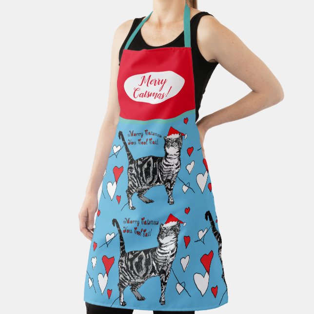 Cute Cat Cats Merry Christmas Red Blue Apron (Insitu)