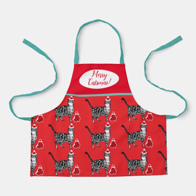 Cute Cat Cats Merry Christmas Red Blue Apron (Front)
