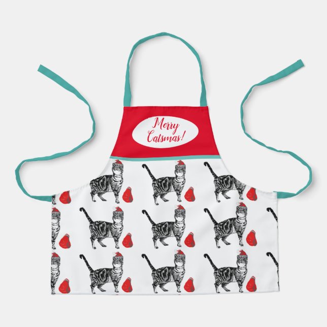Cute Cat Cats Merry Christmas Red white Kids Apron (Front)