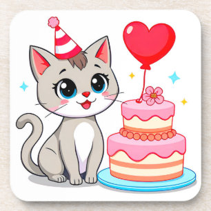 Cute Cat Celebrating a Birthday with a Cake Coaster