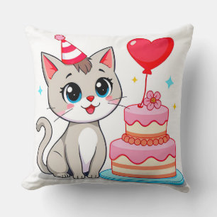 Cute Cat Celebrating a Birthday with a Cake Cushion