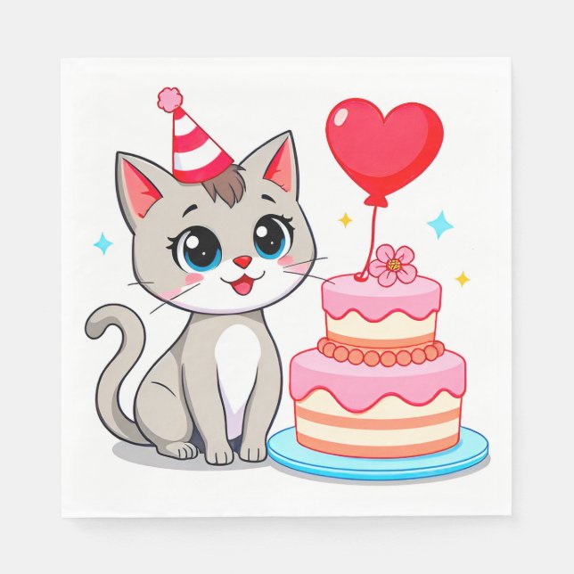 Cute Cat Celebrating a Birthday with a Cake Napkin (Front)