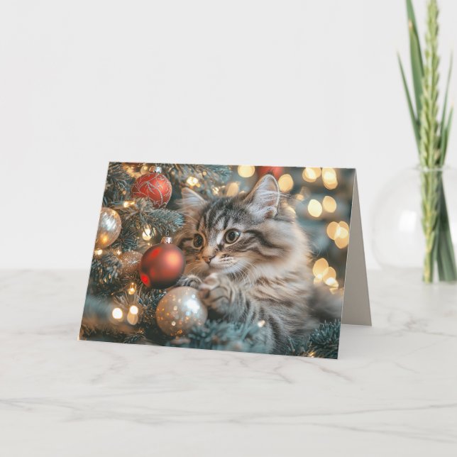 Cute Cat Celebrating Christmas Happy Holidays Thank You Card (Front)