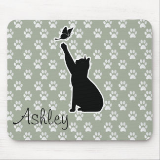 Cute Cat Chasing A butterfly Paws Pattern Monogram Mouse Pad