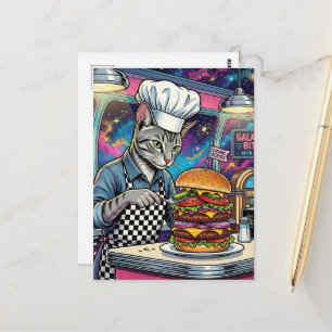 Cute Cat Chef Making Cheeseburger in Space Diner Postcard
