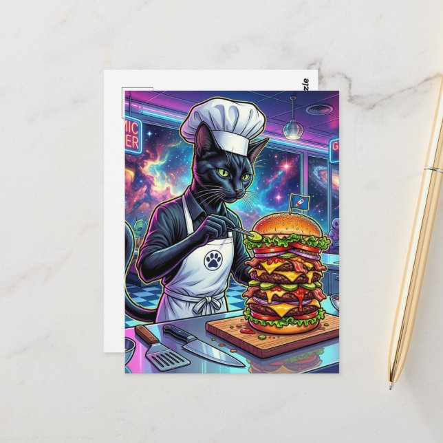 Cute Cat Chef Making Giant Burger Postcard (Front/Back In Situ)
