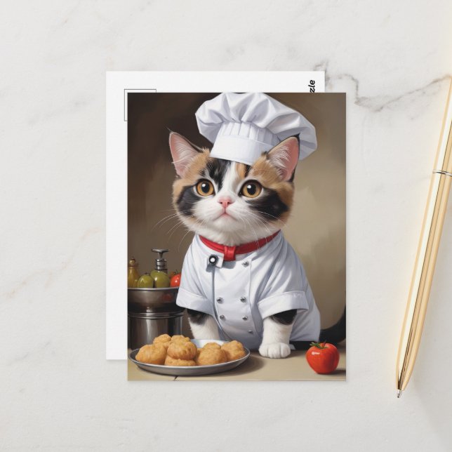 Cute Cat Chef with Pasta Funny Cooking  Postcard (Front/Back In Situ)