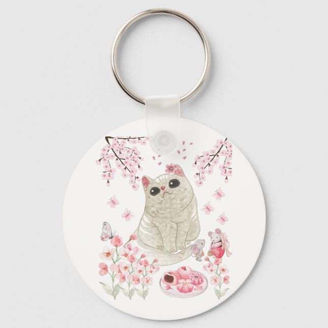 Cute Cat Cherry Blossom Key Ring (Front)