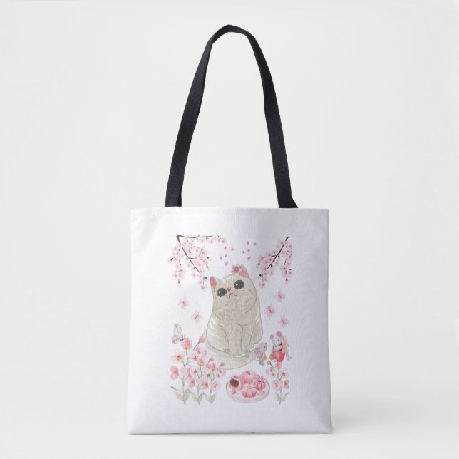 Cute Cat Cherry Blossom Tote Bag (Front)