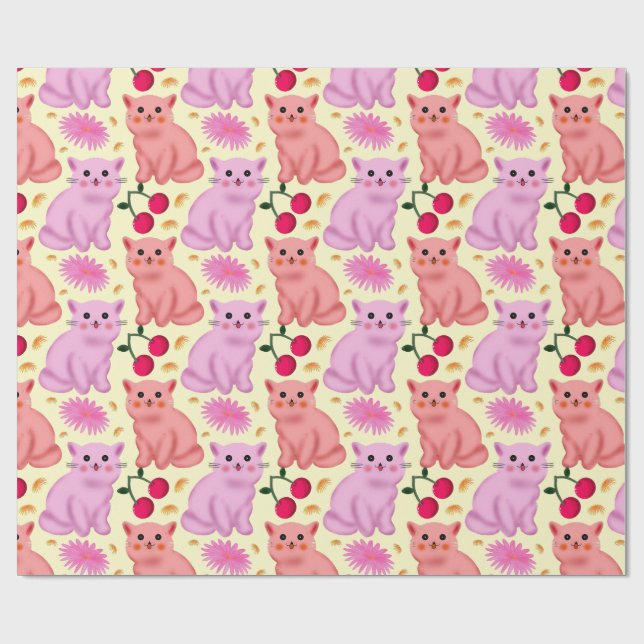 Cute Cat Cherry Floral Pattern | Kawaii Kitty  Wrapping Paper (Flat)