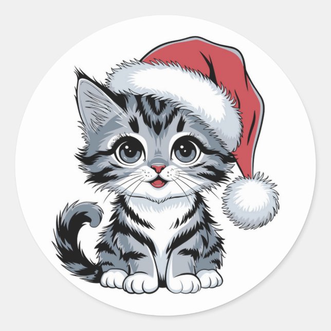 cute cat christmas classic round sticker (Front)