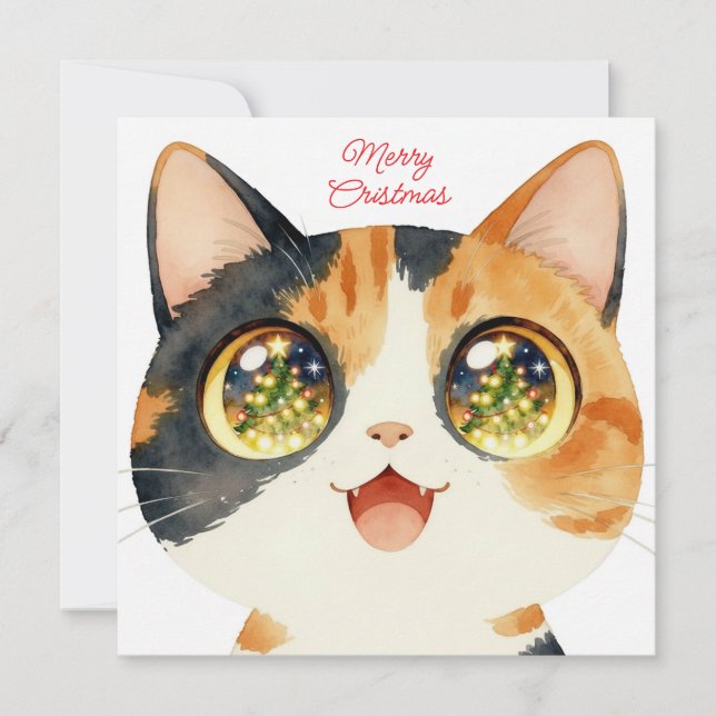 Cute Cat Christmas gazing at tree lights Holiday Card (Front)