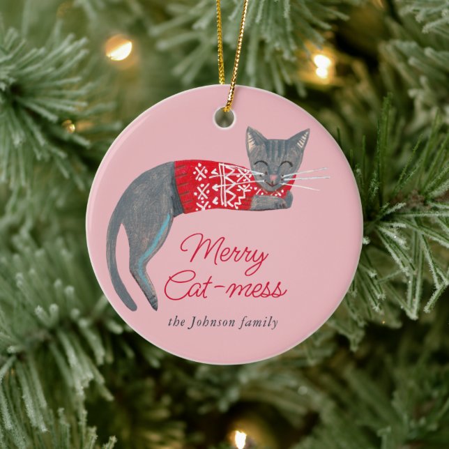 Cute Cat Christmas Kitty Retro Winter Holiday Ceramic Ornament (Tree)