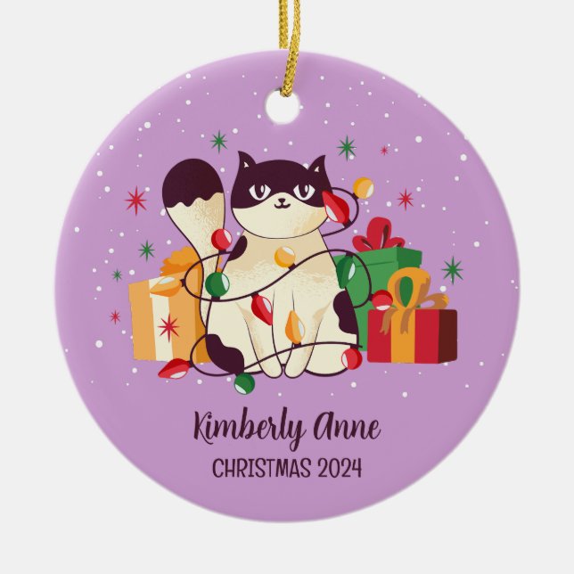 Cute Cat Christmas Kitty Snowy Winter Holiday Ceramic Ornament (Front)