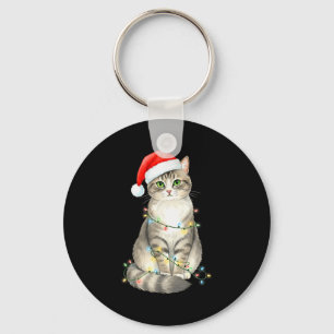 Cute Cat Christmas Lights Santa Hat Snow Holiday A Key Ring