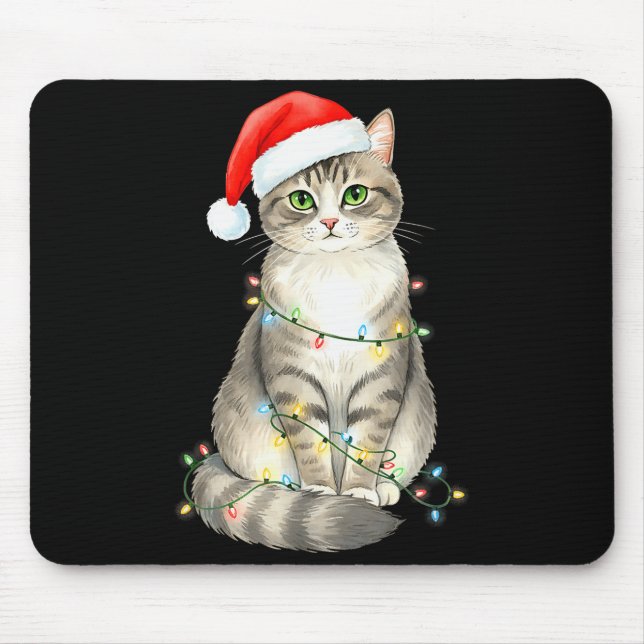 Cute Cat Christmas Lights Santa Hat Snow Holiday A Mouse Pad (Front)