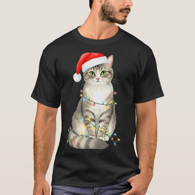 Cute Cat Christmas Lights Santa Hat Snow Holiday A T-Shirt (Front)