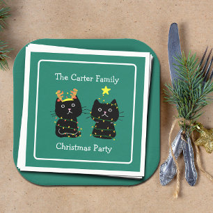 Cute Cat Christmas Personalised Green Party Napkin
