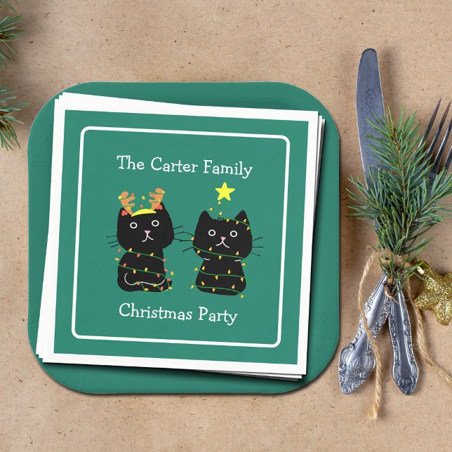 Cute Cat Christmas Personalised Green Party Napkin (Creator Uploaded)