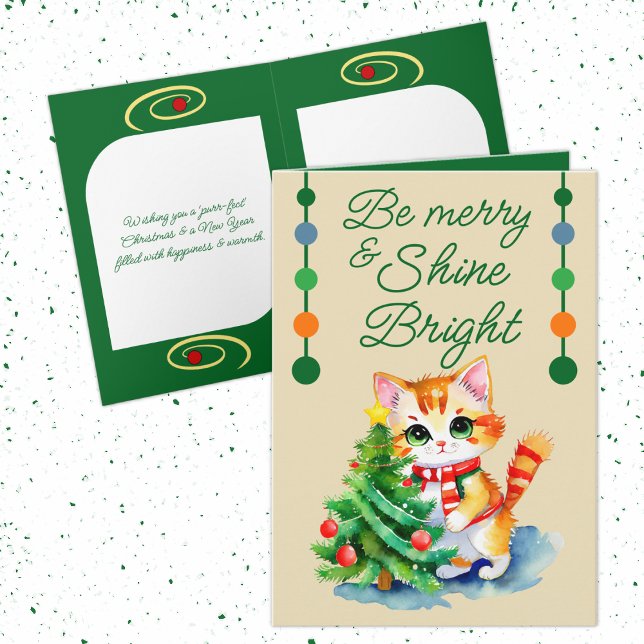 Cute cat & Christmas tree be merry cream green Holiday Card (Creator Uploaded)