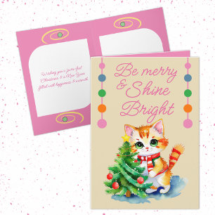 Cute cat & Christmas tree be merry cream pink Holiday Card