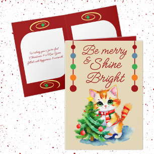 Cute cat & Christmas tree be merry cream red Holiday Card
