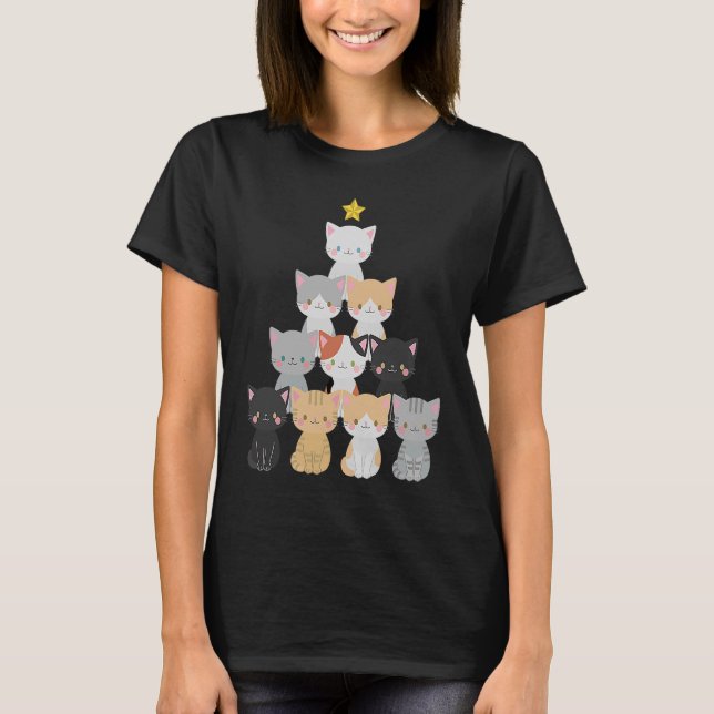 Cute Cat Christmas Tree Meowy Xmas Holiday T-Shirt (Front)