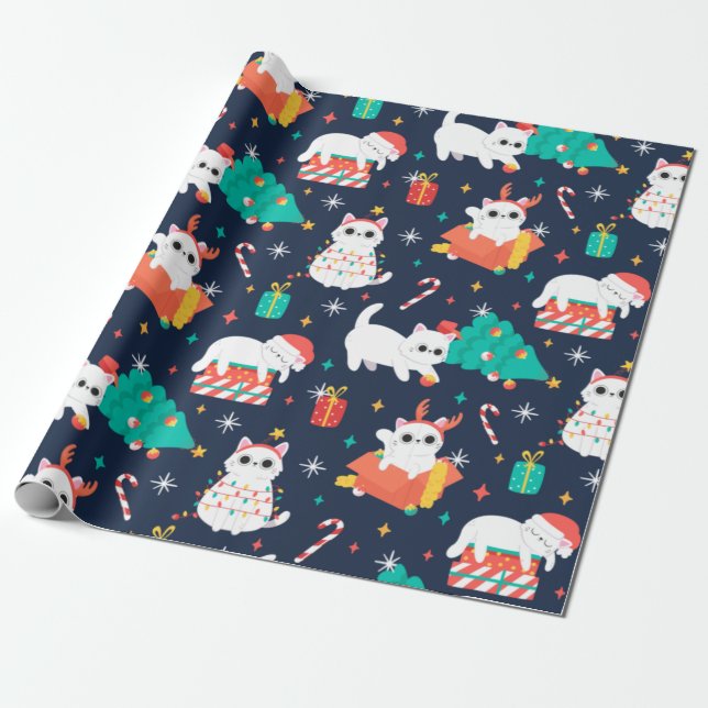 Cute Cat Christmas Wrapping Paper (Unrolled)