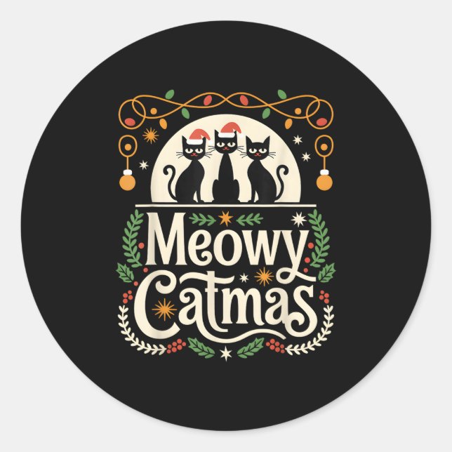 Cute Cat Christmas Xmas Black Cats Christmas Meowy Classic Round Sticker (Front)