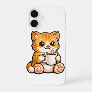 Cute Cat Coffee – Cosy Orange Cat Drinking Coffee iPhone 16 Case