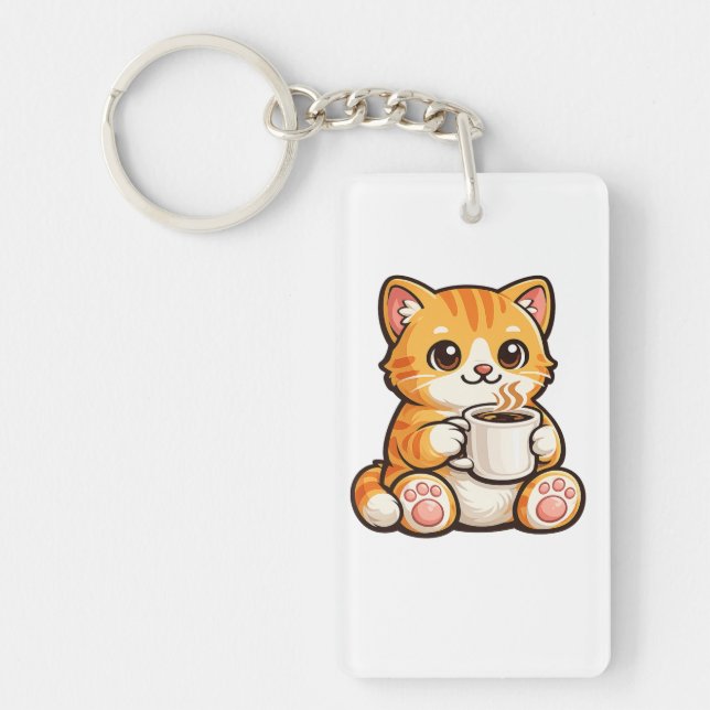 Cute Cat Coffee – Cozy Orange Cat Drinking Coffee  Key Ring (Front)
