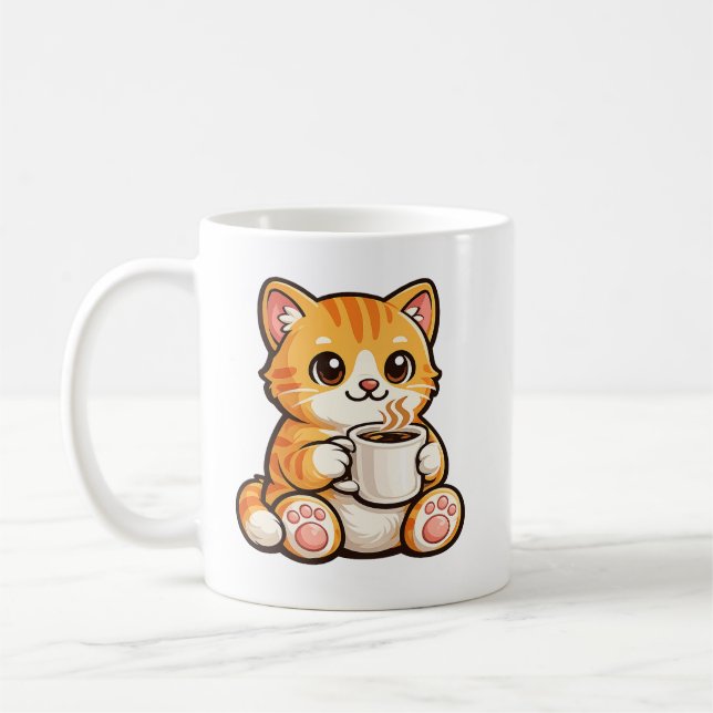 Cute Cat Coffee – Cozy Orange Cat Drinking Coffee  Mug (Left)