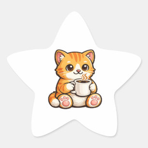 Cute Cat Coffee – Cozy Orange Cat Drinking Coffee Star Sticker