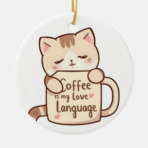 Cute Cat Coffee Love Language Ceramic Ornament