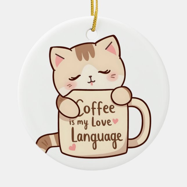 Cute Cat Coffee Love Language Ceramic Ornament (Front)