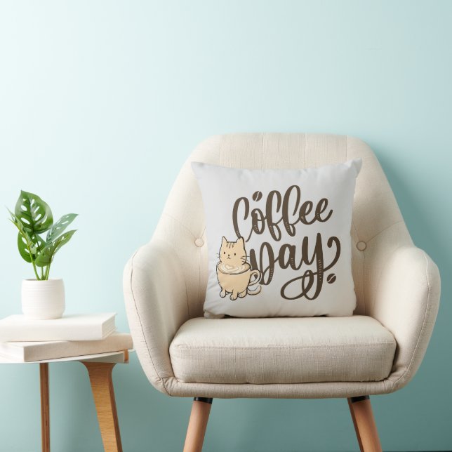 Cute Cat Coffee Throw Pillow -  (Chair)