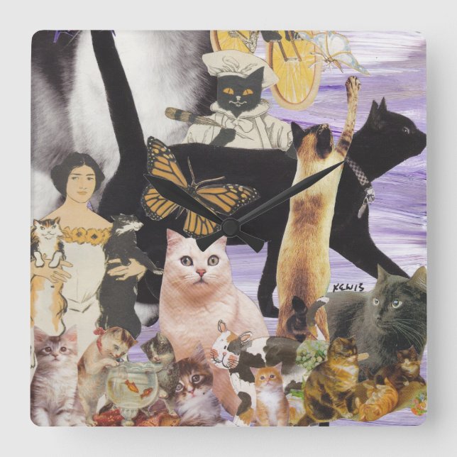 Cute Cat Collage 4 Square Wall Clock (Front)