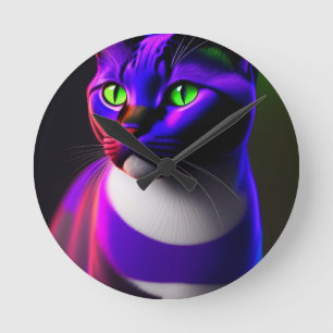 Cute Cat Colour Neon Light Round Clock