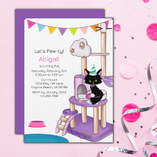 Cute Cat Colourful and Modern Kids Birthday Party Invitation