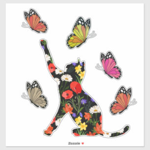 Cute cat, colourful flowers and butterflies, 