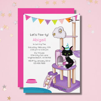 Cute Cat Colourful Pink Modern Kids Birthday Party Invitation