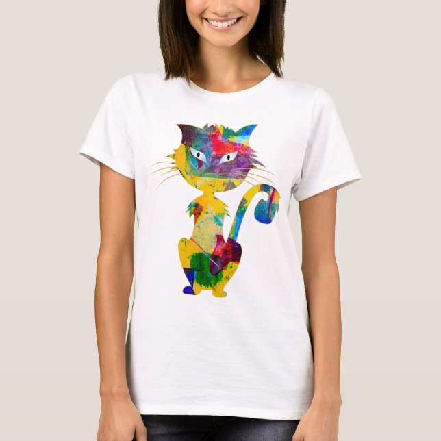 Cute Cat Colourful Rainbow Artwork Light Blue Eyes T-Shirt (Front)