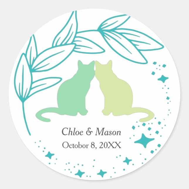 Cute Cat Couple and Unique Greenery  Classic Round Sticker (Front)